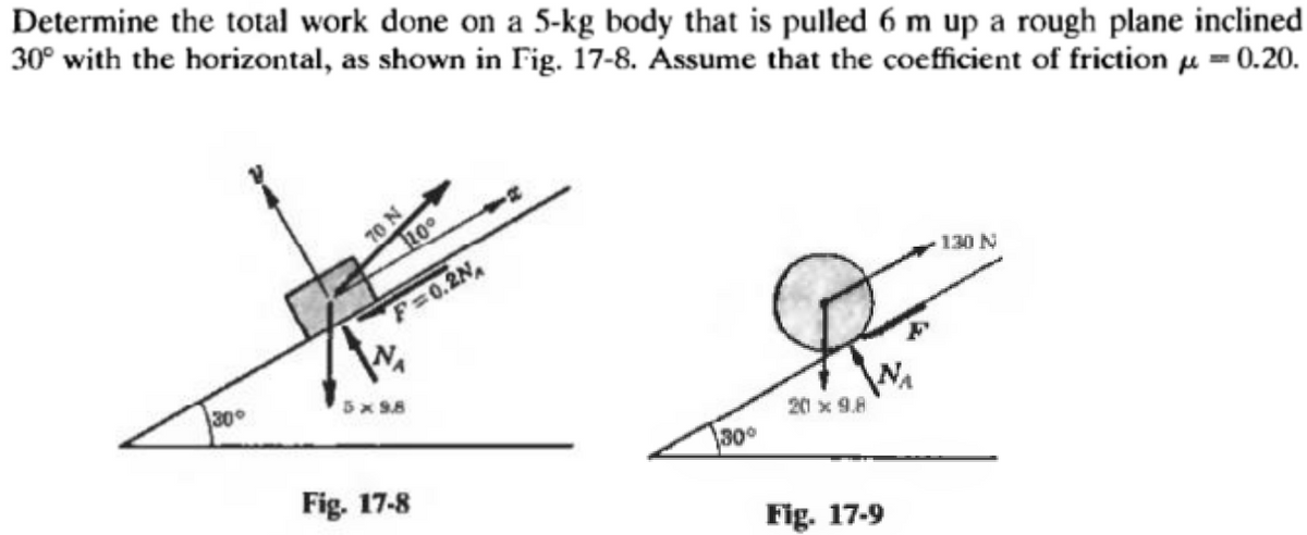 Determine the total work done on a 5-kg body that is pulled 6 m up a rough plane inclined
30° with the horizontal, as shown in Fig. 17-8. Assume that the coefficient of friction 0.20.
130 N
30°
70 N
100
F=0.2NA
5 x 9.8
Fig. 17-8
30°
20 x 9.8
Fig. 17-9