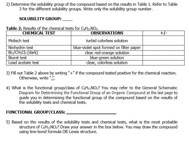 2) Determine the solubility group of the compound based on the results in Table 1. Refer to Table
3 for the different solubility groups. Write only the solubility group number.
SOLUBILITY GROUP:
Table 2. Results of the chemical tests for C5H₁1NO₂.
CHEMICAL TEST
Molisch test
Ninhydrin test
Brz/CH₂Cl₂ (dark)
Biuret test
Lead acetate test
OBSERVATIONS
turbid colorless solution
blue-violet spot formed on filter paper
clear red-orange solution
blue-green solution
clear, colorless solution
+/-
3) Fill out Table 2 above by writing "+" if the compound tested positive for the chemical reaction.
Otherwise, write "-".
4) What is the functional group/class of CsH₁1NO₂? You may refer to the General Schematic
Diagram for Determining the Functional Group of an Organic Compound at the last page to
guide you in determining the functional group of the compound based on the results of
the solubility tests and chemical tests.
FUNCTIONAL GROUP/CLASS:
5) Based on the results of the solubility tests and chemical tests, what is the most probable
structure of C5H₁1NO₂? Draw your answer in the box below. You may draw the compound
using line-bond formula OR Lewis structure.