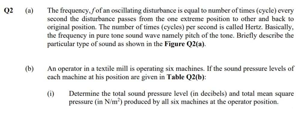 The frequency, f of an oscillating disturbance is equal to number of times (cycle) every
second the disturbance passes from the one extreme position to other and back to
original position. The number of times (cycles) per second is called Hertz. Basically,
the frequency in pure tone sound wave namely pitch of the tone. Briefly describe the
particular type of sound as shown in the Figure Q2(a).
Q2
(а)
An operator in a textile mill is operating six machines. If the sound pressure levels of
each machine at his position are given in Table Q2(b):
(b)
Determine the total sound pressure level (in decibels) and total mean square
pressure (in N/m²) produced by all six machines at the operator position.
(i)
