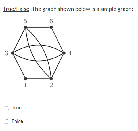 True/False: The graph shown below is a simple graph:
5
6
3
4
1
2
O True
O False
