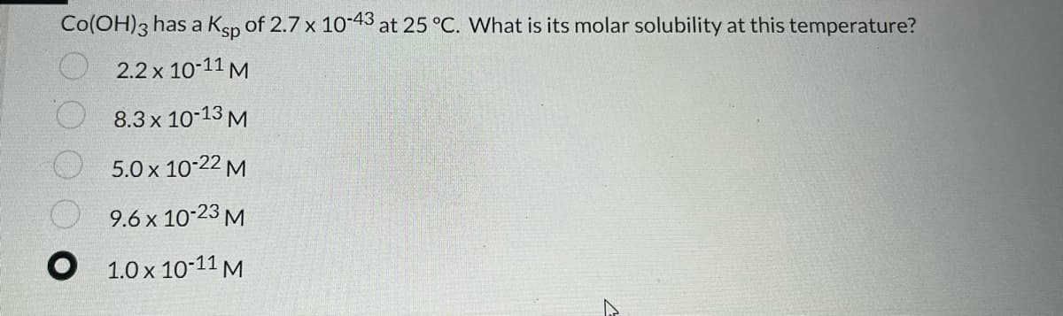 Co(OH)3 has a Ksp of 2.7 x 10-43 at 25 °C. What is its molar solubility at this temperature?
2.2 x 10-11 M
8.3 x 10-13 M
5.0 x 10-22 M
9.6 x 10-23 M
O 1.0 x 10-11 M