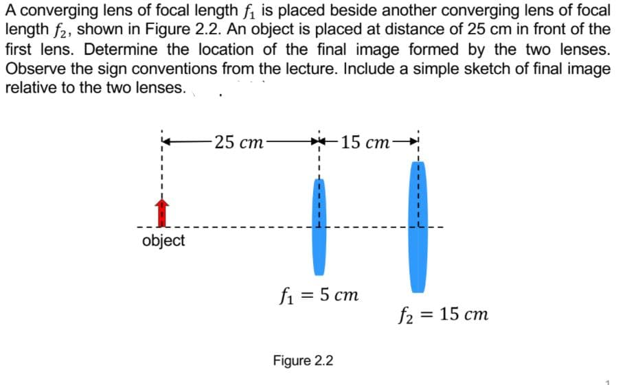 A converging lens of focal length fi is placed beside another converging lens of focal
length f2, shown in Figure 2.2. An object is placed at distance of 25 cm in front of the
first lens. Determine the location of the final image formed by the two lenses.
Observe the sign conventions from the lecture. Include a simple sketch of final image
relative to the two lenses.
-25 ст
15 ст—
-
object
fi = 5 cm
f2 = 15 cm
%3D
Figure 2.2
