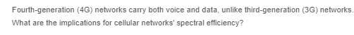 Fourth-generation (4G) networks carry both voice and data, unlike third-generation (3G) networks.
What are the implications for cellular networks' spectral efficiency?
