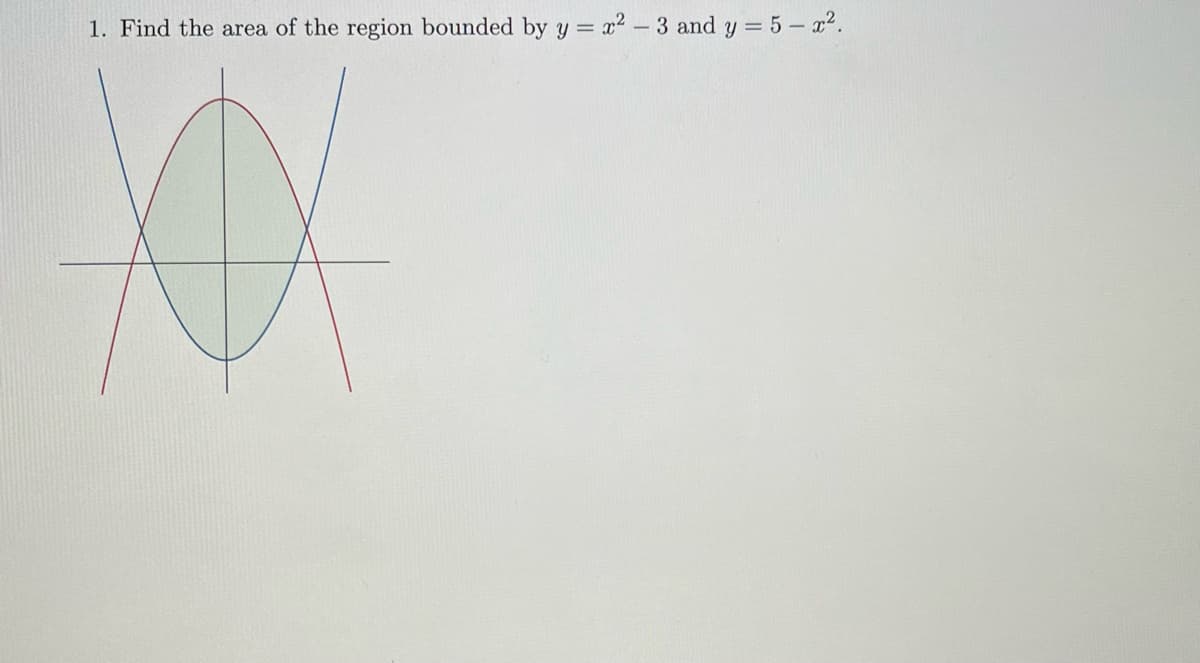 1. Find the area of the region bounded by y = x² - 3 and y = 5x².
XX