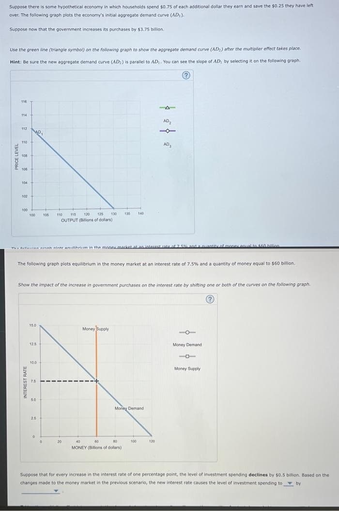 Suppose there is some hypothetical economy in which households spend $0.75 of each additional dollar they earn and save the $0.25 they have left
over. The following graph plots the economy's initial aggregate demand curve (AD₁).
Suppose now that the government increases its purchases by $3.75 billion.
Use the green line (triangle symbol) on the following graph to show the aggregate demand curve (AD₂) after the multiplier effect takes place.
Hint: Be sure the new aggregate demand curve (AD₂) is parallel to AD₁. You can see the slope of AD, by selecting it on the following graph.
(?)
RICE LEVEL
116
114
112
110
108
100
104
102
100
AD₁
100
INTEREST RATE
15.0
12.5
10.0
fall man inte antihrium in the money market at an interest rate of 7.5% and a quantity of money equal to $60 billion
75
The following graph plots equilibrium in the money market at an interest rate of 7.5% and a quantity of money equal to $60 billion.
5.0
105
Show the impact of the increase in government purchases on the interest rate by shifting one or both of the curves on the following graph.
(?)
25
115
120
125
OUTPUT (Billions of dollars)
0
110
0
130
20
135
Money Supply
140
40
60
80
MONEY (Billions of dollars)
Money Demand
AD₂
+
AD₁
100
120
-O
Money Demand
1
Money Supply
Suppose that for every increase in the interest rate of one percentage point, the level of investment spending declines by $0.5 billion. Based on the
changes made to the money market in the previous scenario, the new interest rate causes the level of investment spending to by