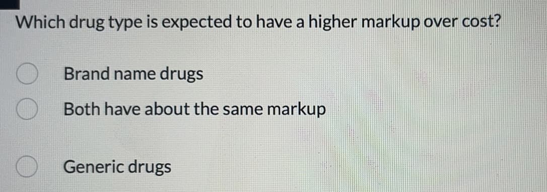 Which drug type is expected to have a higher markup over cost?
Brand name drugs
Both have about the same markup
Generic drugs