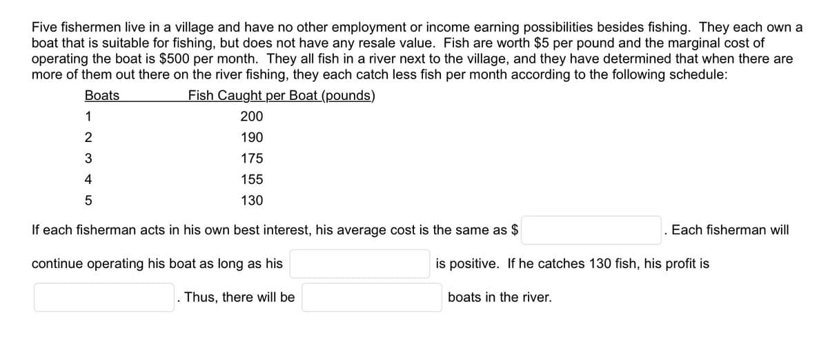 Five fishermen live in a village and have no other employment or income earning possibilities besides fishing. They each own a
boat that is suitable for fishing, but does not have any resale value. Fish are worth $5 per pound and the marginal cost of
operating the boat is $500 per month. They all fish in a river next to the village, and they have determined that when there are
more of them out there on the river fishing, they each catch less fish per month according to the following schedule:
Boats
Fish Caught per Boat (pounds)
200
190
175
155
130
If each fisherman acts in his own best interest, his average cost is the same as $
continue operating his boat as long as his
. Thus, there will be
1
2
345
Each fisherman will
is positive. If he catches 130 fish, his profit is
boats in the river.