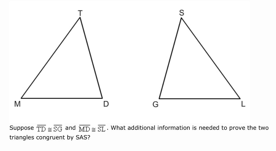 S
M
D
Suppose TD : SG and MD= SL. What additional information is needed to prove the two
triangles congruent by SAS?
