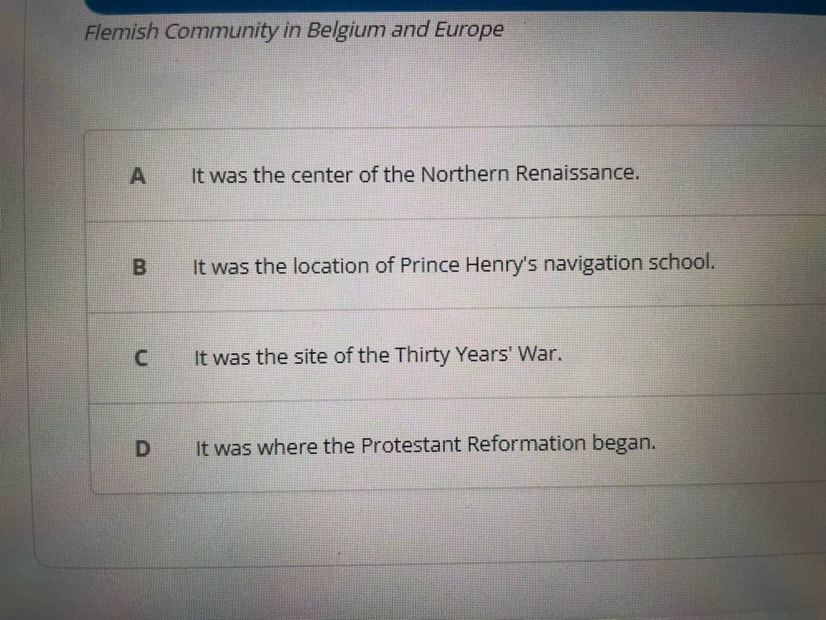 Flemish Community in Belgium and Europe
C
D
It was the center of the Northern Renaissance.
It was the location of Prince Henry's navigation school.
It was the site of the Thirty Years' War.
It was where the Protestant Reformation began.