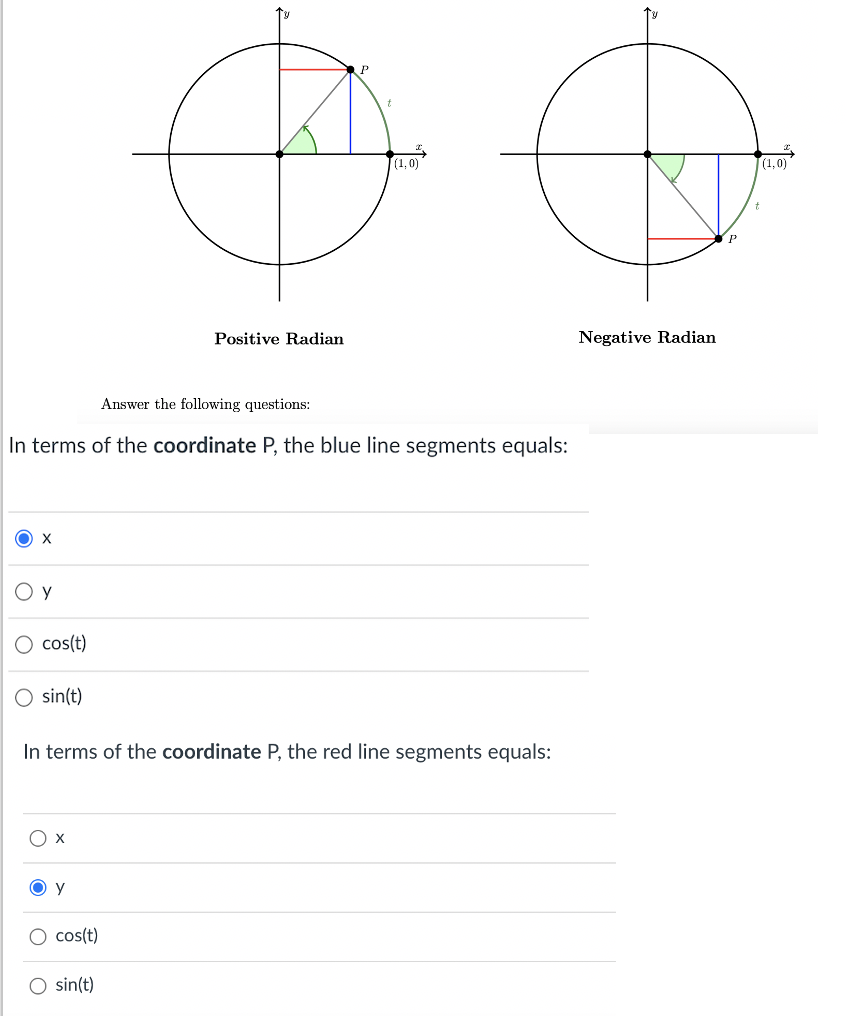 (1,0)
(1,0)
Positive Radian
Negative Radian
Answer the following questions:
In terms of the coordinate P, the blue line segments equals:
O x
O y
cos(t)
O sin(t)
In terms of the coordinate P, the red line segments equals:
O x
O y
cos(t)
O sin(t)
