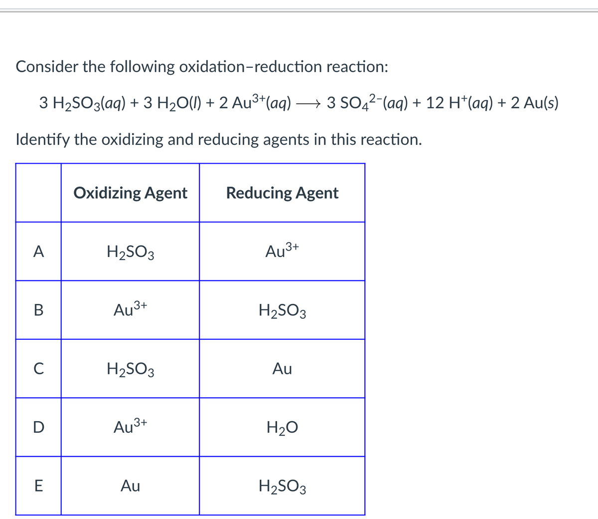 Consider the following oxidation-reduction reaction:
3 H2SO3(aq) + 3 H20(1) + 2 Au3+(aq) → 3 SO42-(aq) + 12 H*(aq) + 2 Au(s)
Identify the oxidizing and reducing agents in this reaction.
Oxidizing Agent
Reducing Agent
A
H2SO3
Au3+
В
Au3+
H2SO3
C
H2SO3
Au
Au3+
H2O
E
Au
H2SO3
