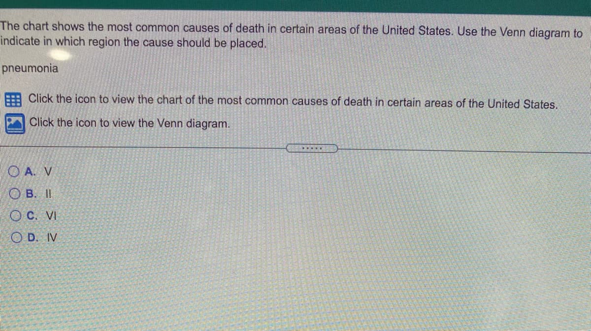 The chart shows the most common causes of death in certain areas of the United States. Use the Venn diagram to
indicate in which region the cause should be placed.
pneumonia
EE Click the icon to view the chart of the most common causes of death in certain areas of the United States.
Click the icon to view the Venn diagram.
O A. V
O B. II
O C. VI
O D. IV
