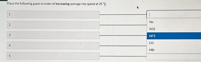 Place the following gases in order of increasing average rms speed at 25°C.
1
2
3
4
5
сл
||
Ne
SO2
NF3
8
CO
HBr