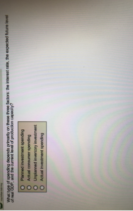 macan leaming
What type of spending depends primarily on these three factors: the interest rate, the expected future level
of real GDP, and the current level of production capacity?
DOOO
Planned investment spending
Actual consumer spending
Unplanned inventory investment
Actual investment spending