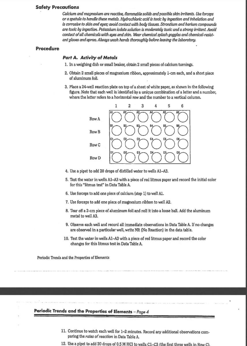 Safety Precautions
Calcium and magnmesium are reactive, flammable solids and possible skin irritants. Use forceps
or a spatula to handle these metals. Hydrochloric acid is toxic by ingestion and inhalation and
is corrosive to skin and eyes; avoid contact with body tissues. Strontium and barium compounds
are toxic by ingestion. Potassium iodate solution is moderately toxic and a strong irritant. Avoid
contact of all chemicals with eyes and skin. Wear chemical splash goggles and chemical-resist-
ant gloves and apron. Always wash hands thoroughly before leaving the laboratory.
Procedure
Part A. Activity of Metals
1. In a weighing dish or small beaker, obtain 2 small pieces of calcium turnings.
2. Obtain 2 smal pieces of magnesium ribbon, approximately 1-cm each, and a short piece
of aluminum foil.
3. Place a 24-well reaction plate on top of a sheet of white paper, as shown in the following
figure. Note that each well is identified by a unique combination of a letter and a number,
where the letter refers to a horizontal row and the number to a vertical column.
Row A
Row B
Row C
Row D
4. Use a pipet to add 20 drops of distilled water to wells A1-A3.
5. Test the water in wells Al-A3 with a piece of red litmus paper and record the initial color
for this “litmus test" in Data Table A.
6. Use forceps to add one piece of calcium (step 1) to well Al.
7. Use forceps to add one piece of magnesium ribbon to well A2.
8. Tear off a 2-cm piece of aluminum foil and roll it into a loose ball. Add the aluminum
metal to well A3.
9. Observe each well and record all immediate observations in Data Table A. If no changes
are observed in a particular well, write NR (No Reaction) in the data table.
10. Test the water in wells Al-A3 with a piece of red litmus paper and record the color
changes for this litmus test in Data Table A.
Periodic Trends and the Properties of Elements
Periodic Trends and the Properties of Elements – Page 4
11. Continue to watch each well for 1–2 minutes. Record any additional observations com-
paring the rates of reaction in Data Table A.
12. Use a pipet to add 20 drops of 0.5 M HÇI to wells C1-C3 (the first three wells in Row C).
