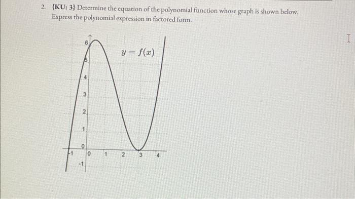 2. (KU: 3} Determine the equation of the polynomial function whose graph is shown below.
Express the polynomial expression in factored form.
-1
N
1
0
-1
0
1
y = f(x)
2
3
I