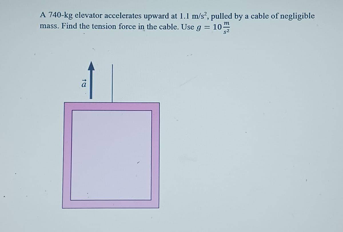 A 740-kg elevator accelerates upward at 1.1 m/s2, pulled by a cable of negligible
mass. Find the tension force in the cable. Use g = 10-
m
5²
ā