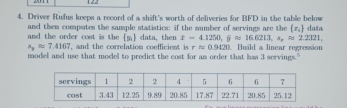 4. Driver Rufus keeps a record of a shift's worth of deliveries for BFD in the table below
and then computes the sample statistics: if the number of servings are the {x} data
and the order cost is the {y} data, then I = 4.1250, ≈ 16.6213, s≈ 2.2321,
Sy≈ 7.4167, and the correlation coefficient is r≈ 0.9420. Build a linear regression
model and use that model to predict the cost for an order that has 3 servings.5
servings
cost
1
2
2
4
3.43 12.25 9.89 20.85
5
17.87
So
6
6
22.71 20.85
our lingar rog
7
25.12
lin