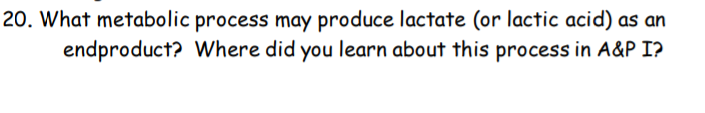 20. What metabolic process may produce lactate (or lactic acid) as an
endproduct? Where did you learn about this process in A&P I?

