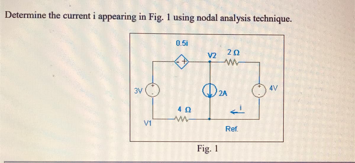 Determine the current i appearing in Fig. 1 using nodal analysis technique.
0.5i
20
V2
3V
4V
2A
4 2
V1
Ref.
Fig. 1
