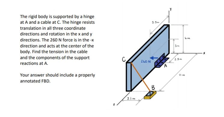 The rigid body is supported by a hinge
at A and a cable at C. The hinge resists
5.5m
translation in all three coordinate
directions and rotation in the x and y
directions. The 260 N force is in the -x
direction and acts at the center of the
3m
body. Find the tension in the cable
and the components of the support
C
2.5m
260N
reactions at A.
Your answer should include a properly
Ilm
annotated FBD.
B
3.Im
