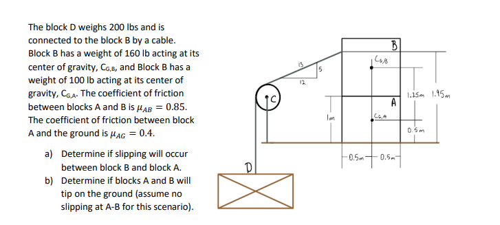 The block D weighs 200 lbs and is
connected to the block B by a cable.
Block B has a weight of 160 lb acting at its
B
center of gravity, CG,8, and Block B has a
weight of 100 lb acting at its center of
gravity, CGA. The coefficient of friction
15
12
1.15m 1.95m
A
between blocks A and B is µAB = 0.85.
The coefficient of friction between block
Im
0.5m
A and the ground is HAG = 0.4.
a) Determine if slipping will occur
0.5m
0.5m-
between block B and block A.
b) Determine if blocks A and B will
tip on the ground (assume no
slipping at A-B for this scenario).
