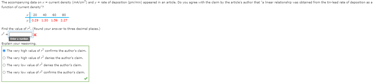 The accompanying data on x = current density (mA/cm) and y = rate of deposition (um/min) appeared in an article. Do you agree with the claim by the article's author that "a linear relationship was obtained from the tin-lead rate of deposition as a
function of current density"?
20
40
60
80
0.29 1.30 1.56 2.27
Find the value of r. (Round your answer to three decimal places.)
Enter a number.
Explain your reasoning.
O The very high value of confirms the author's claim.
O The very high value of r denies the author's claim.
O The very low value of denies the author's claim.
O The very lovw value of 2 confirms the author's claim.
