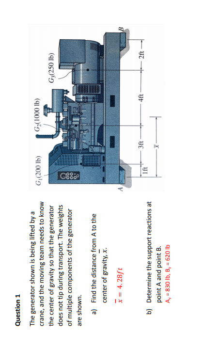 Question 1
The generator shown is being lifted by a
(91 0001)9
G2(250 lb)
crane, and the moving team needs to know
the center of gravity so that the generator
does not tip during transport. The weights
of multiple components of the generator
(91 007)'ɔ
are shown.
a) Find the distance from A to the
center of gravity, x.
x = 4. 28ft
b) Determine the support reactions at
YE
point A and point B.
A, = 830 Ib, B, = 620 Ib
