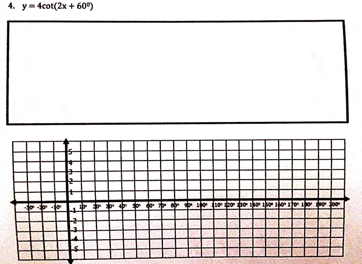4. y= 4cot(2x + 60°)
20 30 40 0 40 7b 80 90 100 110° 120 130 110 150 160* 110 100 190 200
