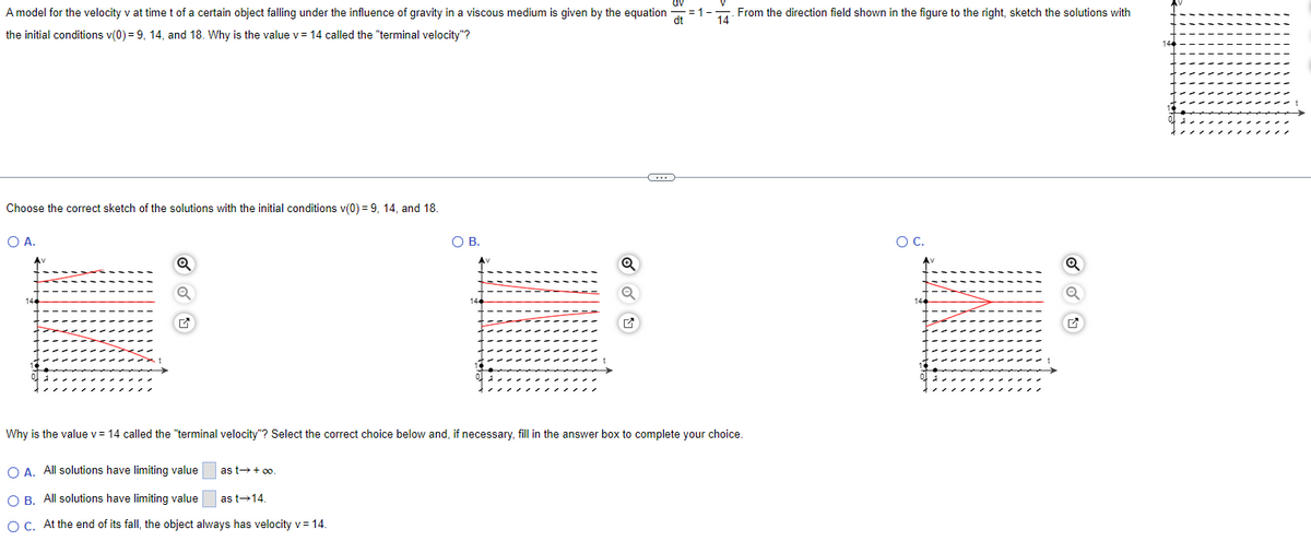 dt
A model for the velocity v at time t of a certain object falling under the influence of gravity in a viscous medium is given by the equation = 1- . From the direction field shown in the figure to the right, sketch the solutions with
14
the initial conditions v(0)= 9, 14, and 18. Why is the value v=14 called the "terminal velocity"?
Choose the correct sketch of the solutions with the initial conditions v(0) = 9, 14, and 18.
O A.
O B.
as t→ + ∞o.
Q
C
Why is the value v=14 called the "terminal velocity"? Select the correct choice below and, if necessary, fill in the answer box to complete your choice.
O A. All solutions have limiting value
O B. All solutions have limiting value
as t→14.
OC. At the end of its fall, the object always has velocity v = 14.
O C.
144