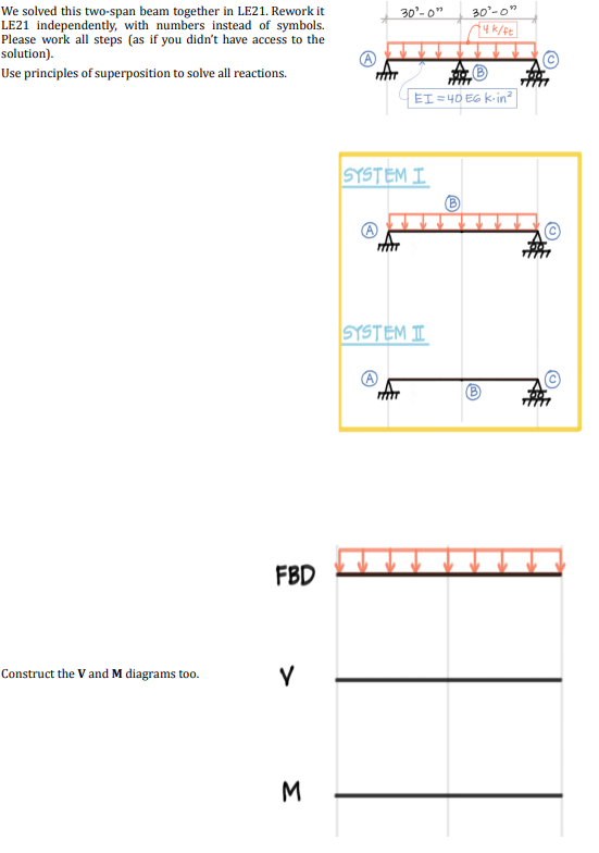 We solved this two-span beam together in LE21. Rework it
LE21 independently, with numbers instead of symbols.
Please work all steps (as if you didn't have access to the
solution).
Use principles of superposition to solve all reactions.
Construct the V and M diagrams too.
FBD
V
M
30²-0"
SYSTEM I
TATT
EI=40E6 k-in²
30'-0"
4k/ft
SYSTEM I
B