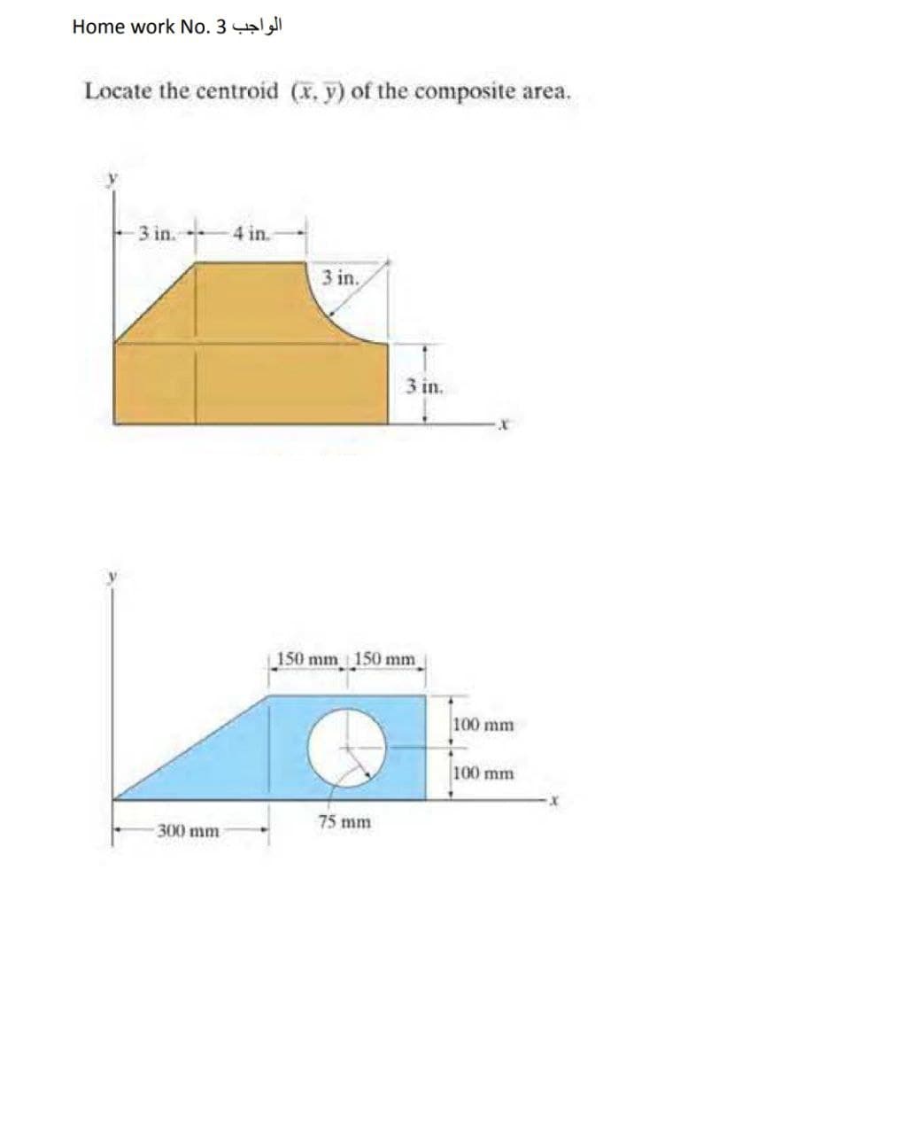 Home work No. 3
Locate the centroid (X, y) of the composite area.
3 in.4 in.
3 in.
3 in.
150 mm 150 mm
100 mm
100 mm
75 mm
300 mm
