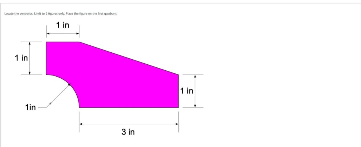 Locate the centroids. Limit to 3 figures only. Place the figure on the first quadrant.
1 in
1 in
1 in
1in
3 in
