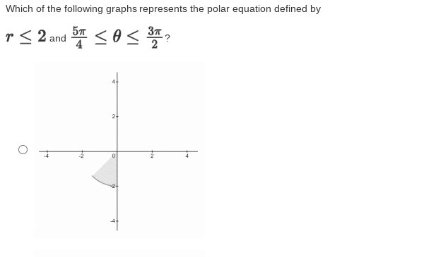 Which of the following graphs represents the polar equation defined by
57
r<2and D <8< 플?
21
