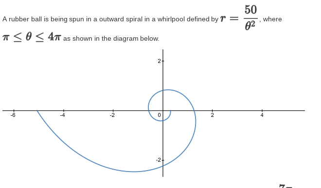 50
A rubber ball is being spun in a outward spiral in a whirlpool defined by r =
where
02
T<O< 4T as shown in the diagram below.
21
-6
-2
2
-2유
