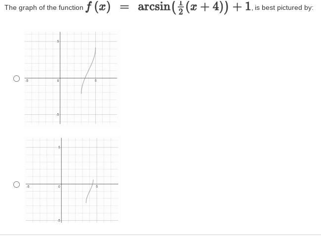 The graph of the function f (x)
arcsin ( (x + 4)) + 1, is best pictured by:
-5
