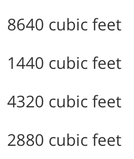 8640 cubic feet
1440 cubic feet
4320 cubic feet
2880 cubic feet
