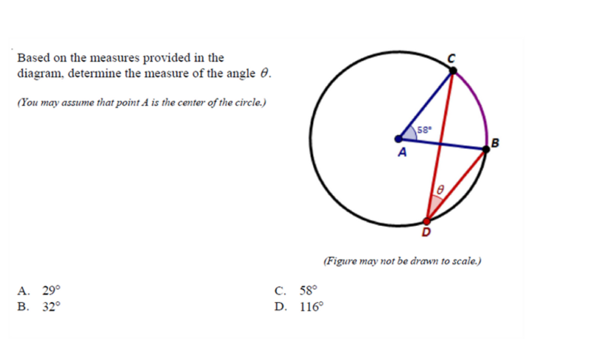 Based on the measures provided in the
diagram, determine the measure of the angle 0.
(You may assume that point A is the center of the circle.)
58°
A
(Figure may not be drawn to scale.)
С. 58°
D. 116°
А.
29°
В.
32°
