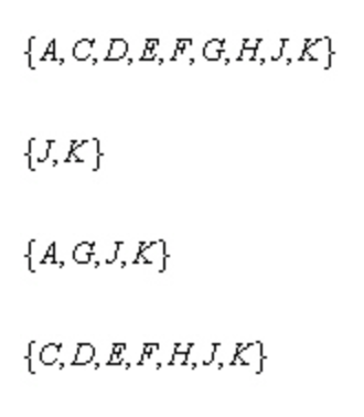 {A, C, D, E, F,G, H,J,K}
{J,K}
{A, G, J,K}
{C,D, E, F,H,J, K}
