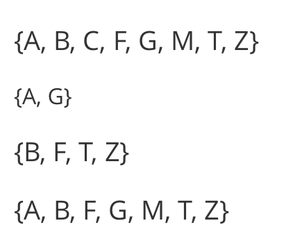 {A, B, C, F, G, M, T, Z}
{A, G}
{В, F, T, Z}
{А, В, F, G, M, T, Z}
