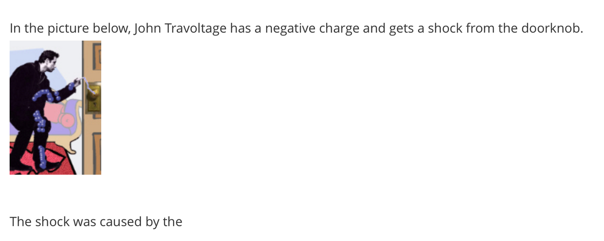 In the picture below, John Travoltage has a negative charge and gets a shock from the doorknob.
The shock was caused by the
