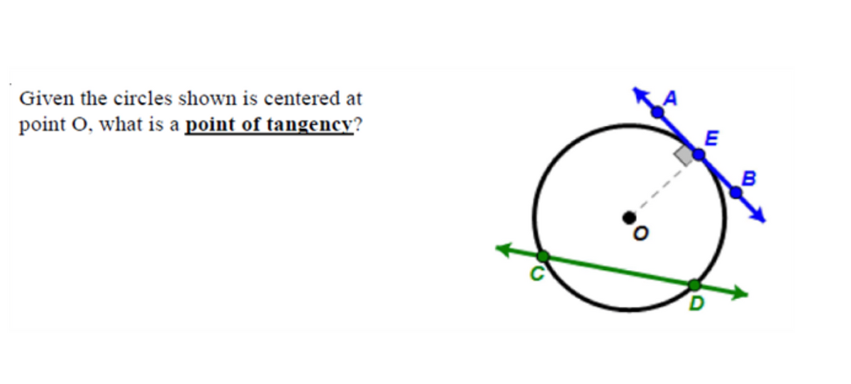 Given the circles shown is centered at
point O, what is a point of tangency?
E
B
