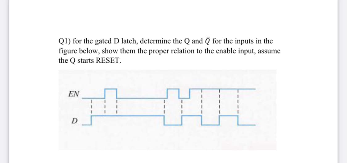 Q1) for the gated D latch, determine the Q and Q for the inputs in the
figure below, show them the proper relation to the enable input, assume
the Q starts RESET.
EN
