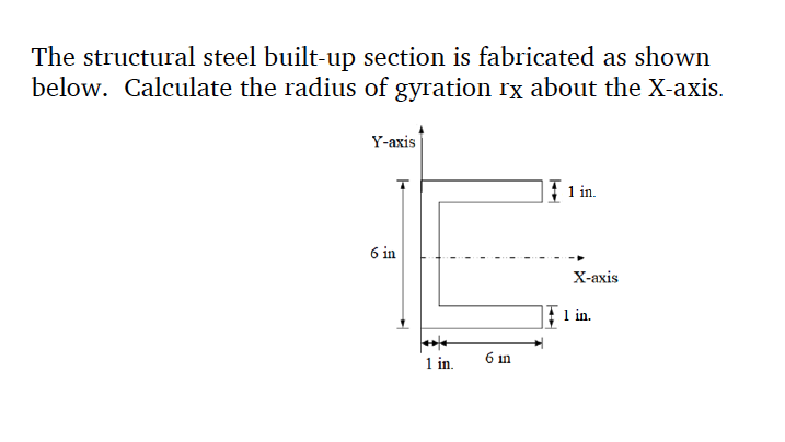 The structural steel built-up section is fabricated as shown
below. Calculate the radius of gyration rx about the X-axis.
Y-axis
6 in
1 in.
6 in
1 in.
X-axis
1 in.