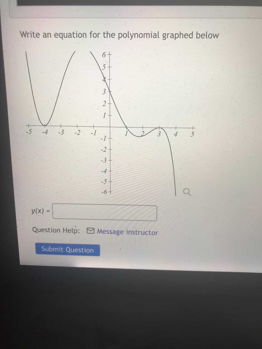 Write an equation for the polynomial graphed below
3
1
-5
-4
-3
-1
-2
-3
-4
-5
-6+
y(x) =
Question Help: Message instructor
Submit Question
3.
N 7
