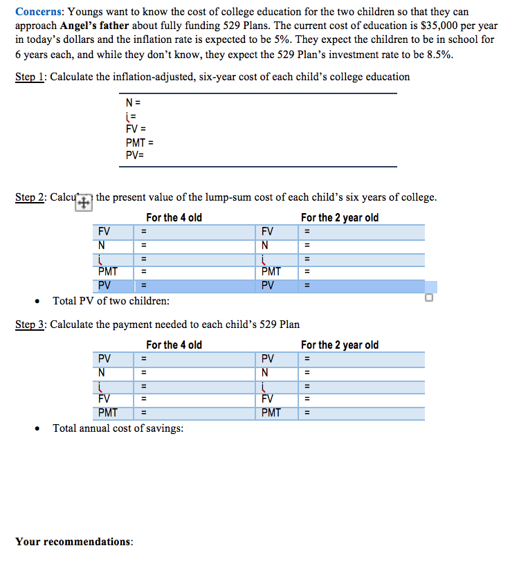 ### Concerns:
Youngs want to know the cost of college education for the two children so that they can approach Angel’s father about fully funding 529 Plans. The current cost of education is $35,000 per year in today’s dollars and the inflation rate is expected to be 5%. They expect the children to be in school for 6 years each, and while they don’t know, they expect the 529 Plan’s investment rate to be 8.5%.

### Step 1: Calculate the inflation-adjusted, six-year cost of each child’s college education
```
N  =  
i  =  
FV =  
PMT=  
PV =  
```

### Step 2: Calculate the present value of the lump-sum cost of each child’s six years of college.
```
          For the 4-year-old            For the 2-year-old
FV  =                                FV =
N   =                                N  =
i   =                                i  =
PMT =                                PMT=
PV  =                                PV =
```

- **Total PV of two children:**

### Step 3: Calculate the payment needed to reach each child’s 529 Plan
```
          For the 4-year-old            For the 2-year-old
PV  =                                PV =
N   =                                N  =
i   =                                i  =
FV  =                                FV =
PMT =                                PMT=
```

- **Total annual cost of savings:**

### Your Recommendations:
(Provide your analysis and recommendations based on the calculations above)

This structured calculation guide helps Youngs estimate the future college costs for their children and assists in planning for fully funding their education through 529 Plans. It's crucial to adjust for inflation and calculate the present value to understand how much needs to be invested annually to achieve the savings goal.