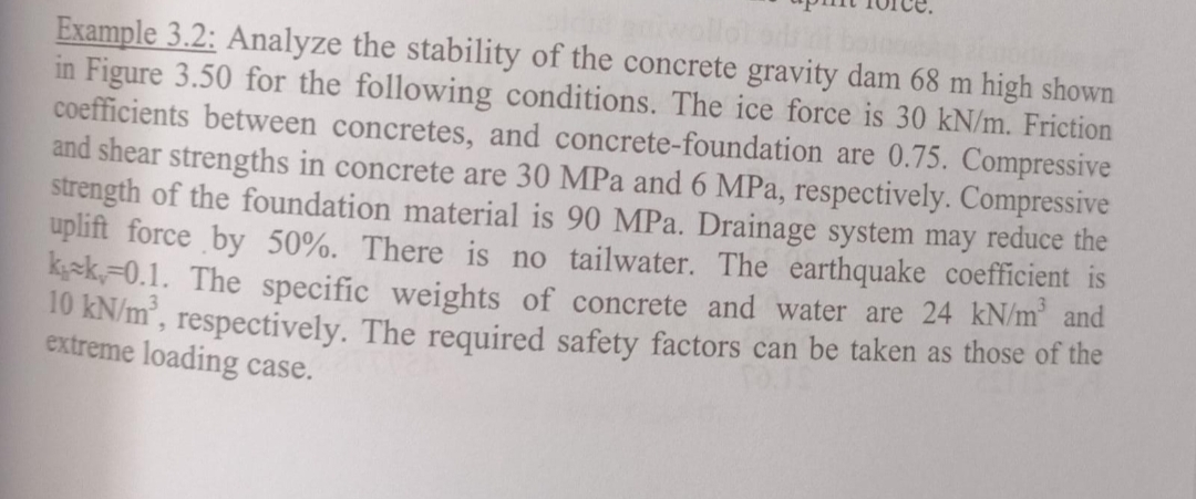 suiwollel ons dit boe
Example 3.2: Analyze the stability of the concrete gravity dam 68 m high shown
in Figure 3.50 for the following conditions. The ice force is 30 kN/m. Friction
coefficients between concretes, and concrete-foundation are 0.75. Compressive
and shear strengths in concrete are 30 MPa and 6 MPa, respectively. Compressive
strength of the foundation material is 90 MPa. Drainage system may reduce the
uplift force by 50%. There is no tailwater. The earthquake coefficient is
kk 0.1. The specific weights of concrete and water are 24 kN/m² and
10 kN/m³, respectively. The required safety factors can be taken as those of the
extreme loading case.