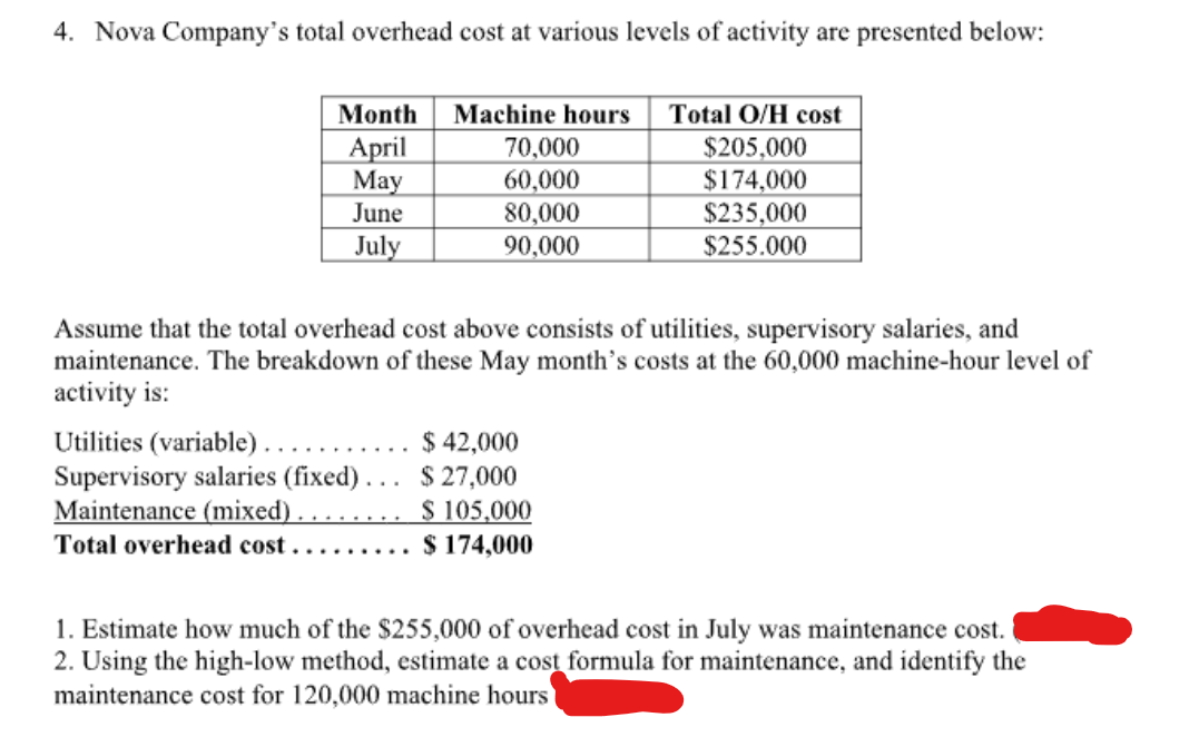 4. Nova Company's total overhead cost at various levels of activity are presented below:
Month
April
May
June
July
Machine hours
70,000
60,000
80,000
90,000
Utilities (variable)....
Supervisory salaries (fixed)...
Maintenance (mixed)
Total overhead cost........
Assume that the total overhead cost above consists of utilities, supervisory salaries, and
maintenance. The breakdown of these May month's costs at the 60,000 machine-hour level of
activity is:
Total O/H cost
$205,000
$174,000
$235,000
$255.000
$ 42,000
$27,000
$ 105,000
$ 174,000
1. Estimate how much of the $255,000 of overhead cost in July was maintenance cost.
2. Using the high-low method, estimate a cost formula for maintenance, and identify the
maintenance cost for 120,000 machine hours