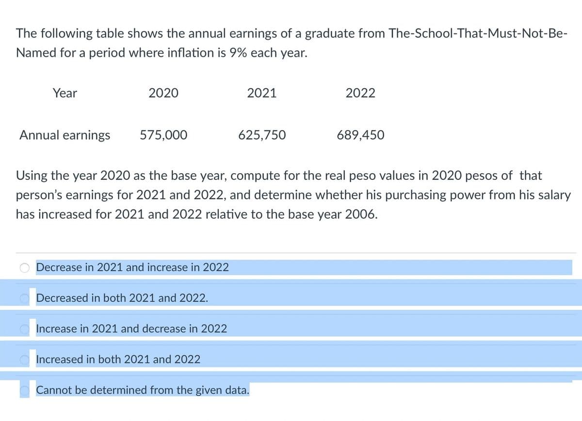 The following table shows the annual earnings of a graduate from The-School-That-Must-Not-Be-
Named for a period where inflation is 9% each year.
Year
Annual earnings
2020
575,000
Decrease in 2021 and increase in 2022
Decreased in both 2021 and 2022.
Increase in 2021 and decrease in 2022
2021
Using the year 2020 as the base year, compute for the real peso values in 2020 pesos of that
person's earnings for 2021 and 2022, and determine whether his purchasing power from his salary
has increased for 2021 and 2022 relative to the base year 2006.
Increased in both 2021 and 2022
625,750
2022
Cannot be determined from the given data.
689,450