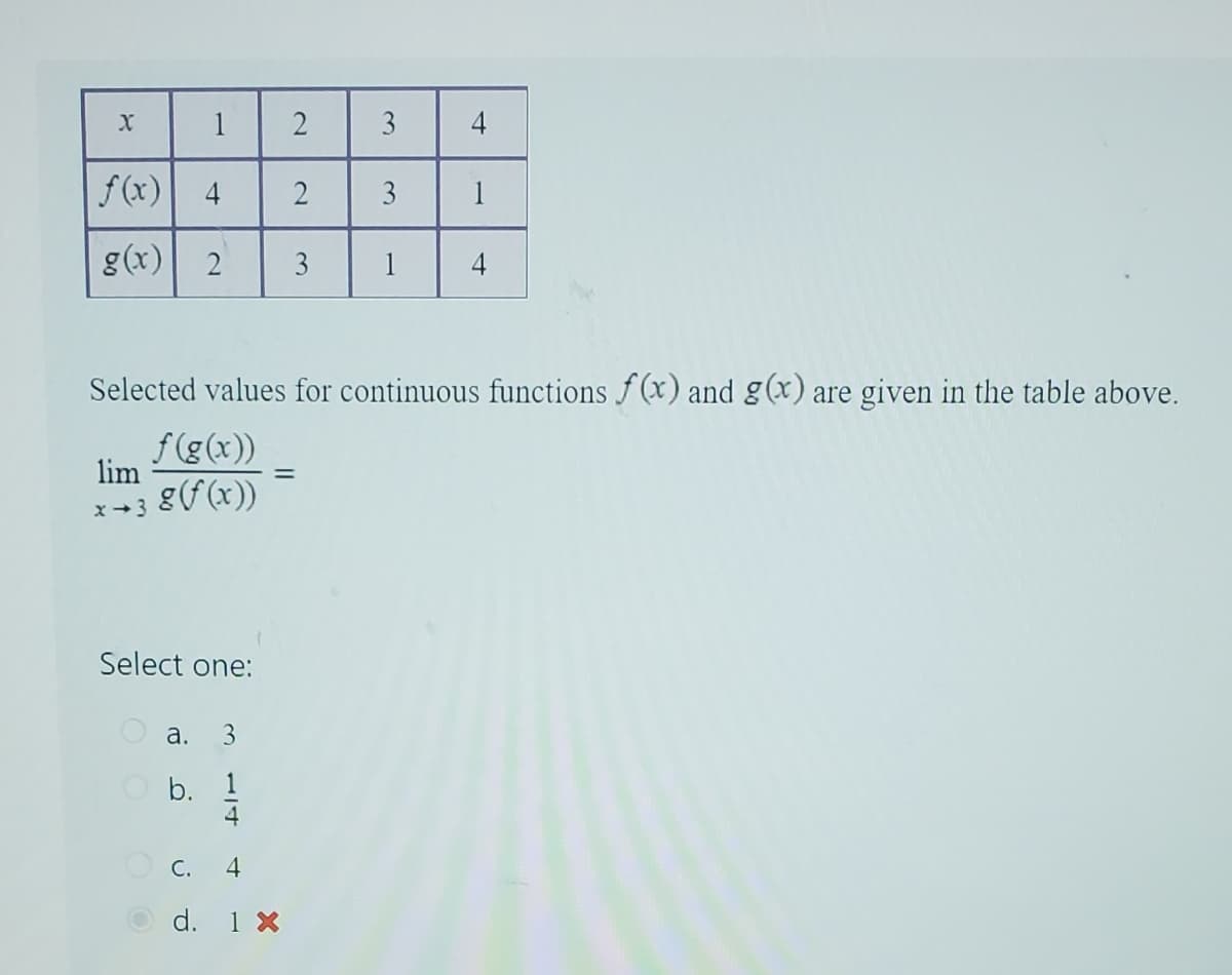 X
f(x) 4
g(x) 2 3
lim
x 3
Select one:
a. 3
b. 1
4
2
f
C.
d. 1 X
2
Selected values for continuous functions f(x) and g(x) are given in the table above.
f(g(x))
g(f(x))
3
3
1
4
1